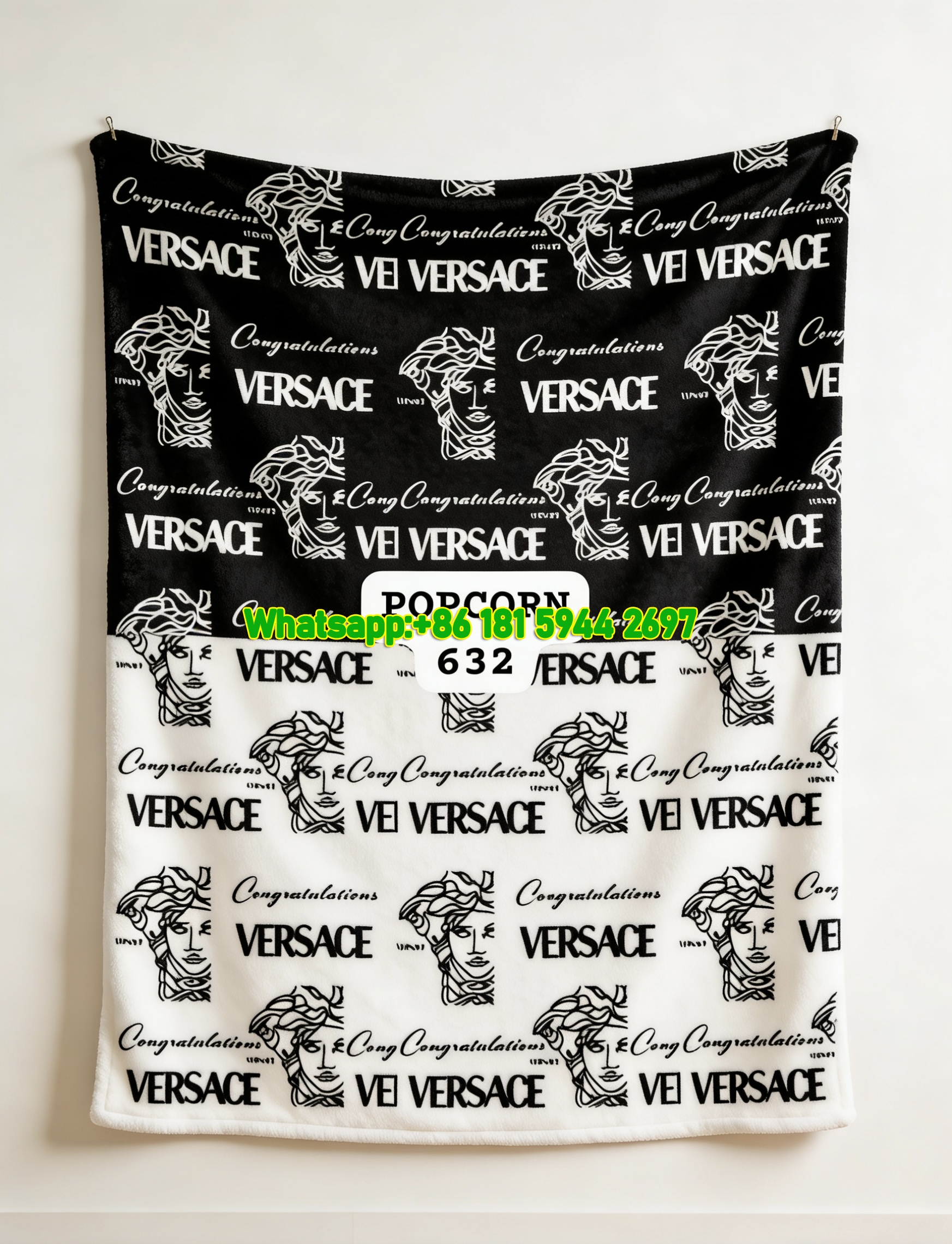 Versace Black White Medusa Head Congratulations Print Flannel Sofa Throw Blanket IMG_1433